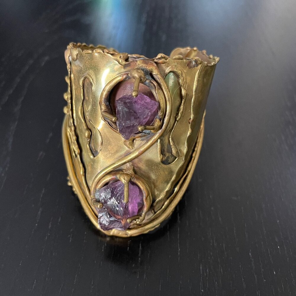 RARE VINTAGE Carvalhu Ernandes brass cuff bracelet, 2 raw cut amethyst stones